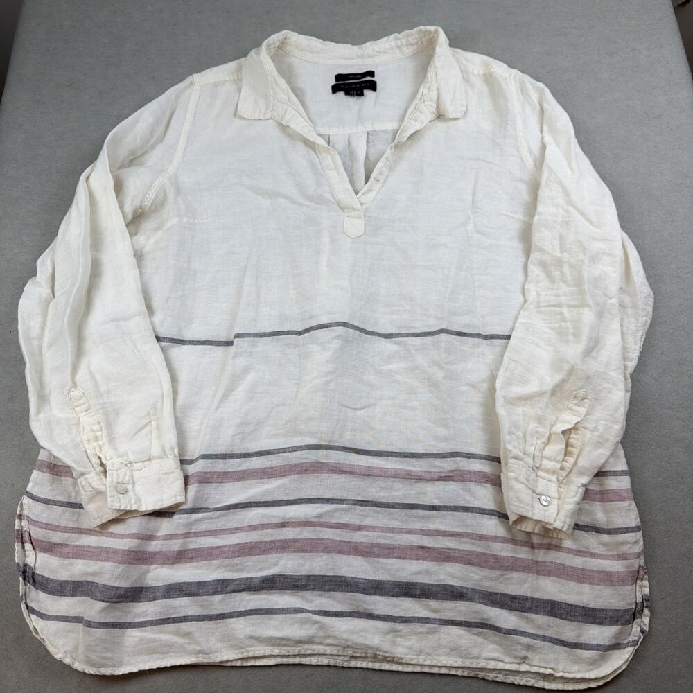 Tahari 100% Linen Stripe Tunic Popover Top Summer Resort Coastal Quiet Luxury XL